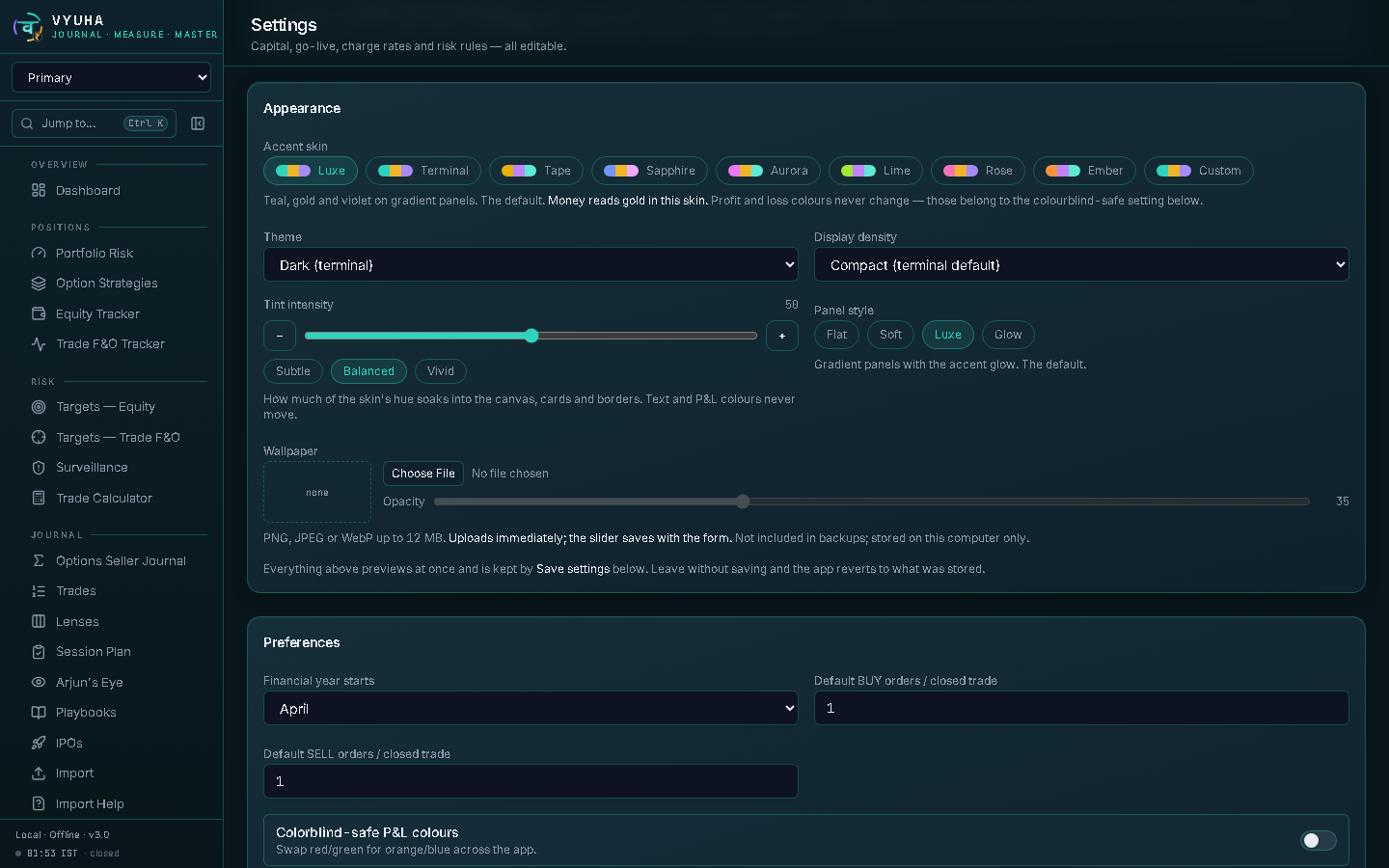 Settings → Appearance: skins, tint intensity, panel style, wallpaper
